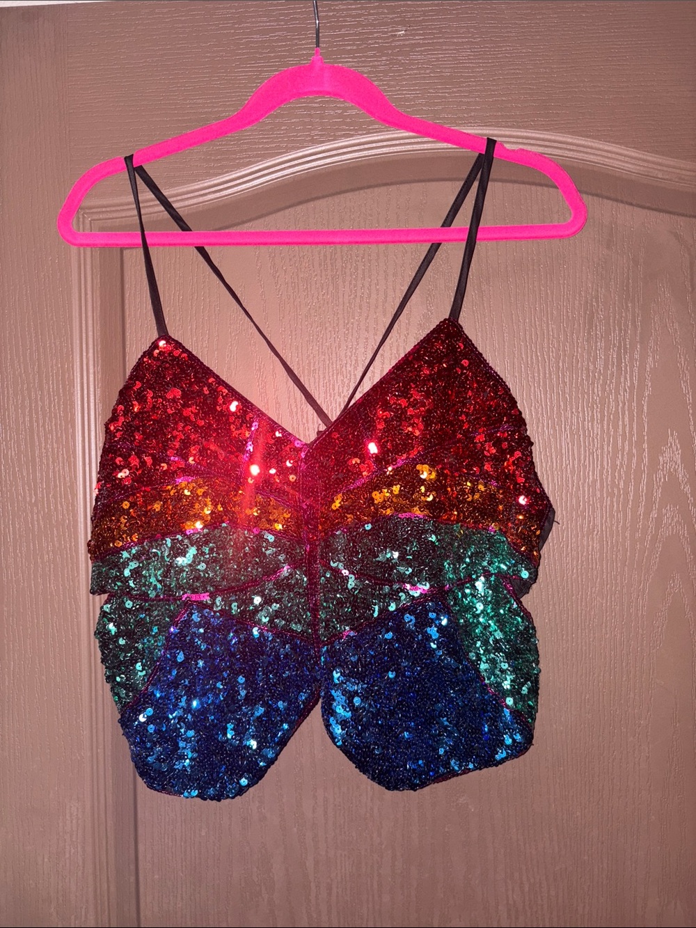 Rainbow Sequin V-Neck Strappy Crop Top